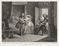 KG 13001
<br/>
Ragotin bezorgt Madame Bouvillon een buil op haar hoofd.
<br/>
<em>Pater, Jean-Baptiste (1695-1736)</em>